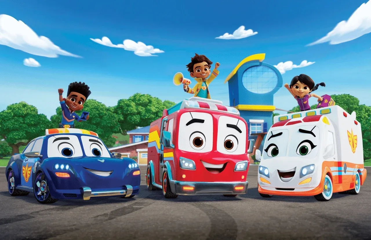 The main cast of Firebuds all thrust their fists into the air.