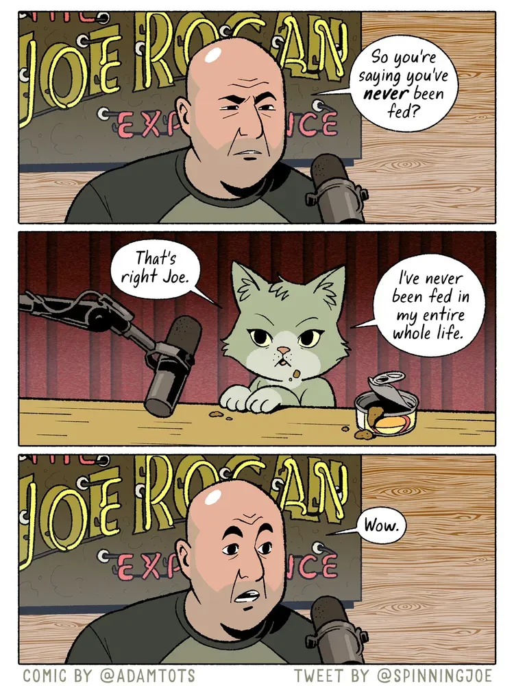 Three-panel comic by Adam Ellis. First panel: Joe Rogan, squinting skeptically, says, "So you're saying you've NEVER been fed?" Second panel: A cat, sitting opposite him, says, "That's right, Joe. I've never been fed my entire whole life." Except an open container of cat food is right next to said cat, and a trace of food is on its fur. Third panel: Joe, eyes wide: "Wow."