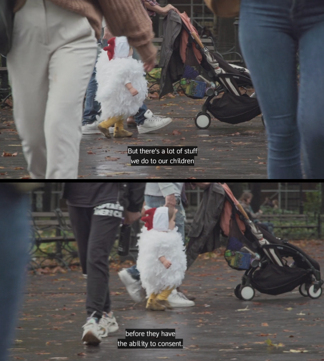Captions: "But there's a lot of stuff we do to our children before they have the ability to consent." Images are of a toddler in a chicken costume.