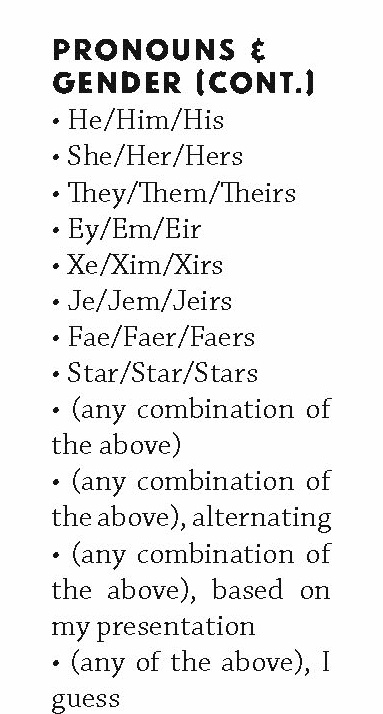 The list of pronouns in Sleepaway includes many different options. 