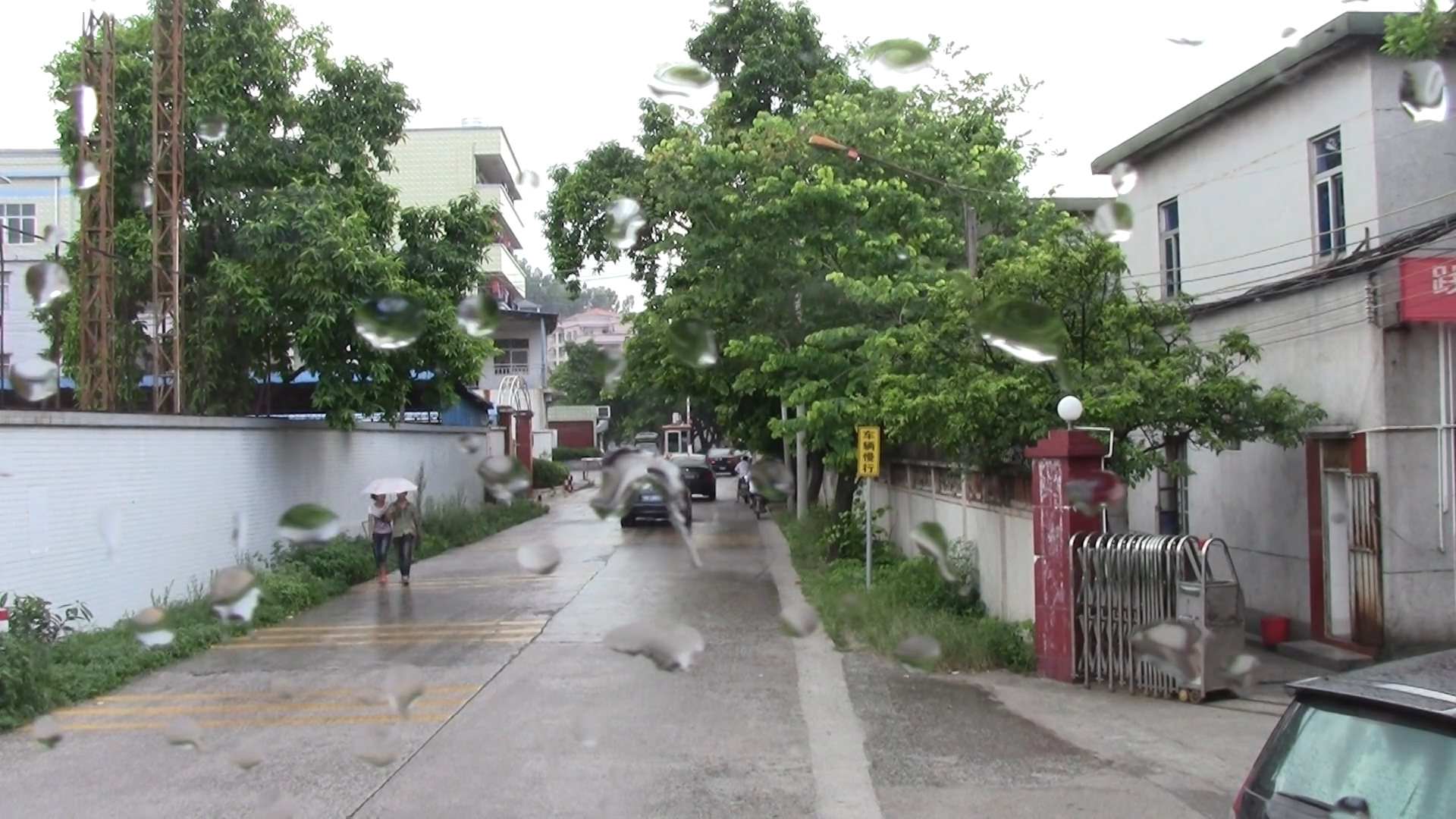 A couple walks along with an umbrella through a rainy day. Raindrops spatter the camera lens.