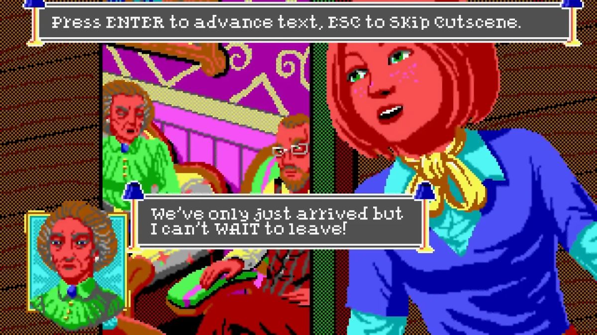 Redhead Nancy Maple listens in on a conversation. A stern-faced woman says, "We've only just arrived but I can't WAIT to leave!"