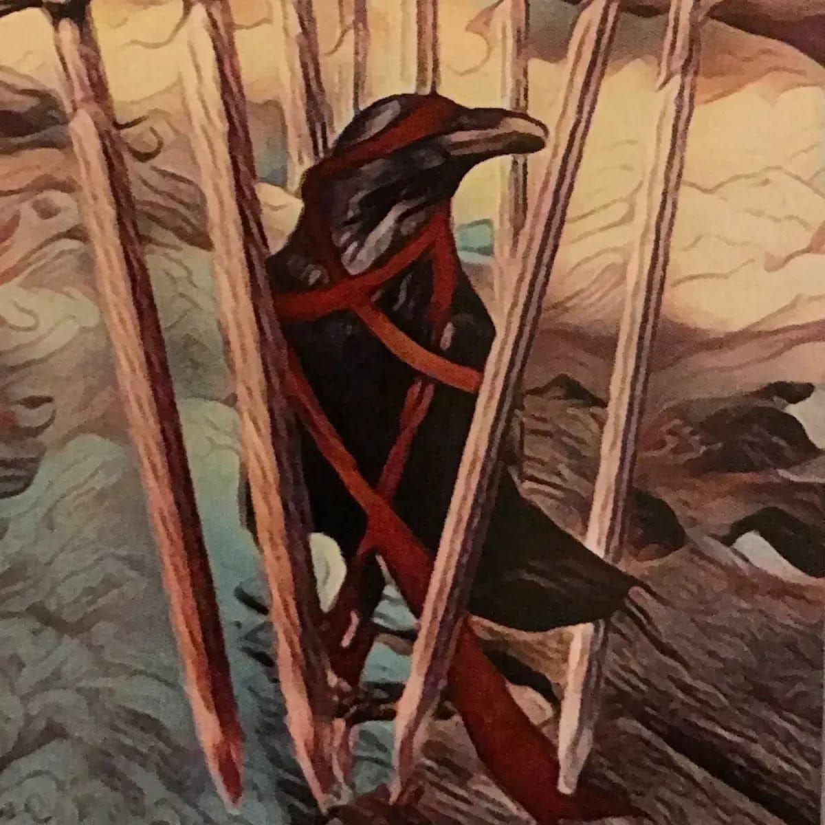 A crow is surrounded by wooden swords. It has a red ribbon wound around its eyes and wings, but not tied fast.