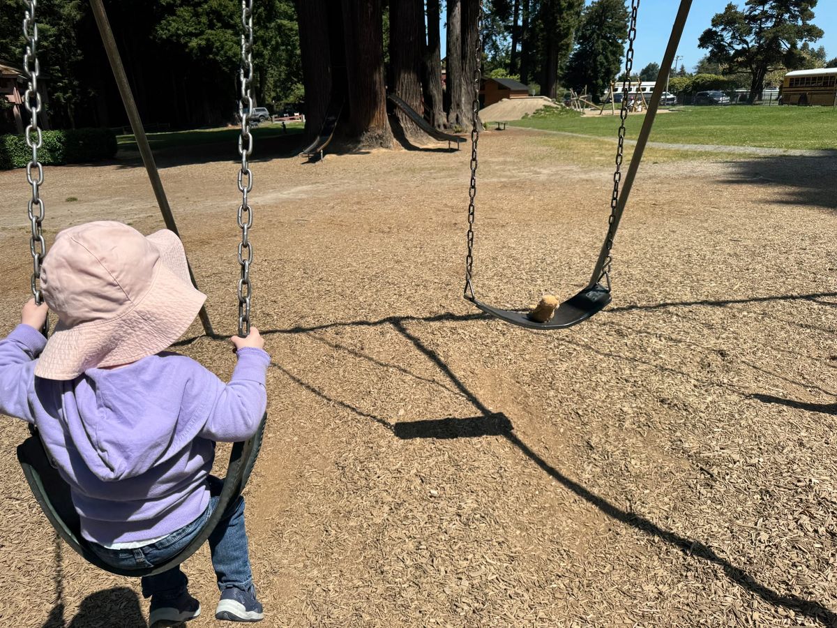 A toddler in a purple jacket and pink hat sits on a swing, facing away from the camera. A teddy bear is on the swing opposite.