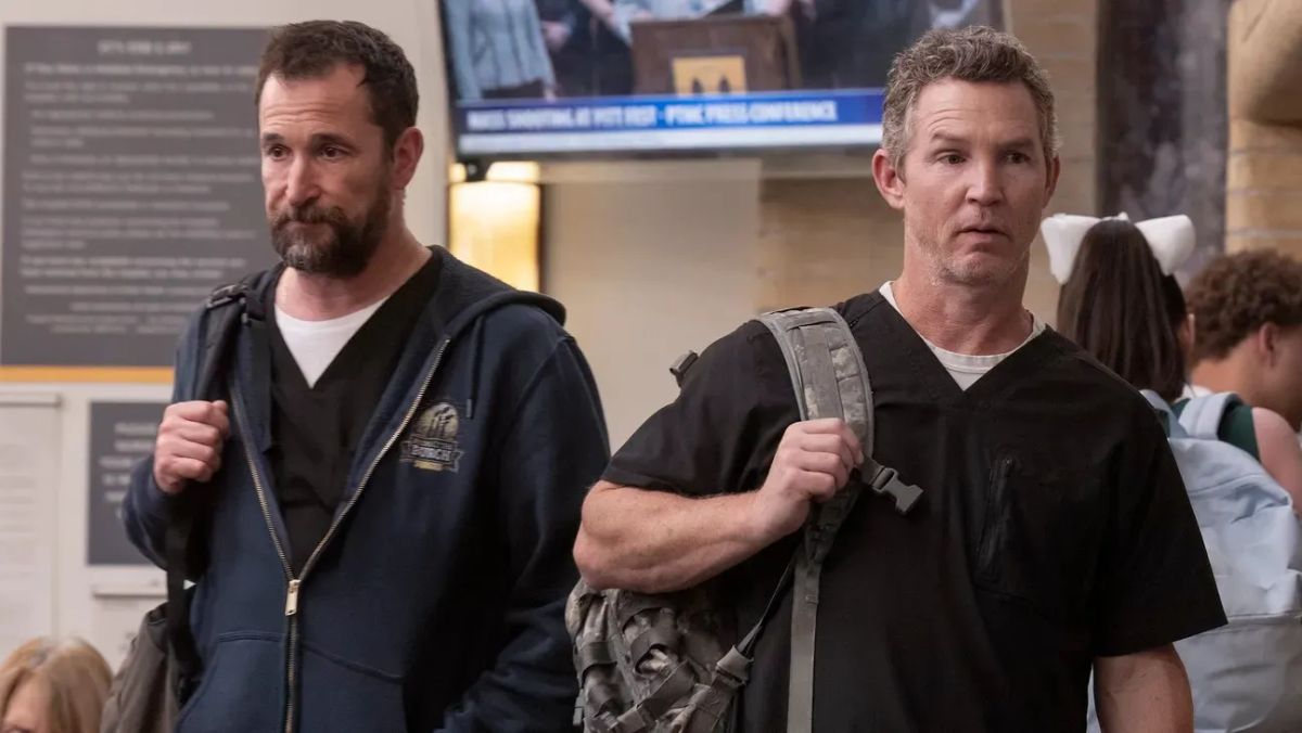 Noah Wyle and Shawn Hatosy star in The Pitt. They're both looking haggard and run down after a long day.
