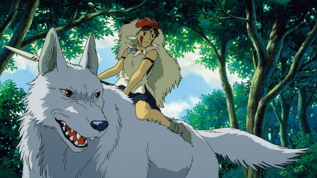 A girl in wolf fur and a shell necklace rides atop the back of an enormous white wolf in a forest setting. 