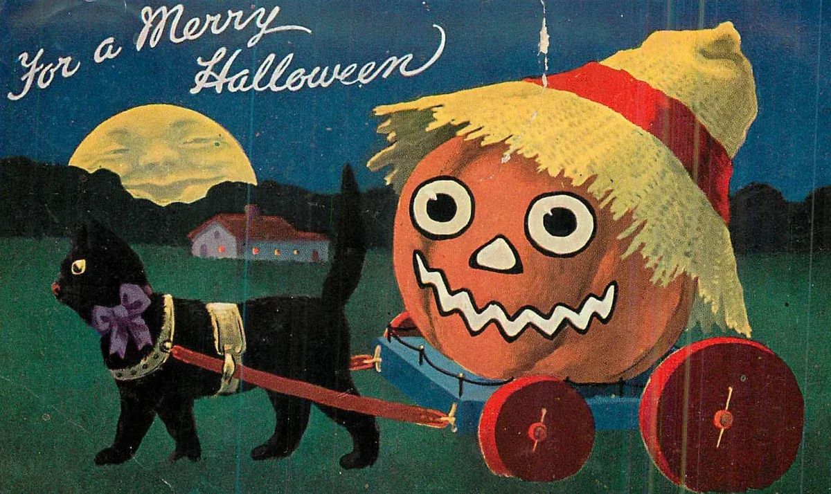 A vintage Halloween card features a black cat pulling a jack-o-lantern in a straw hat in a cart. The words read "For a Merry Halloween."