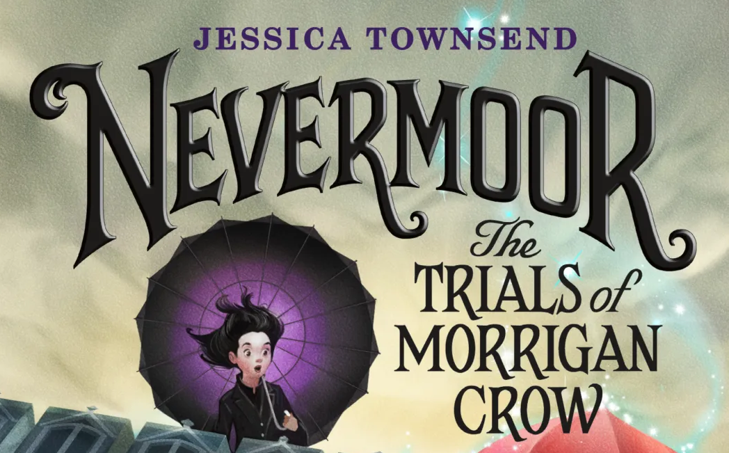 A crop of the cover of Nevermoor: The Trials of Morrigan Crow by Jessica Townsend. A pale, dark-haired girl holds a purple umbrel