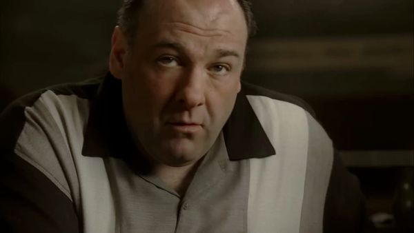 Tony Soprano, in a grey, white, and black striped shirt, looks up and just out of frame.