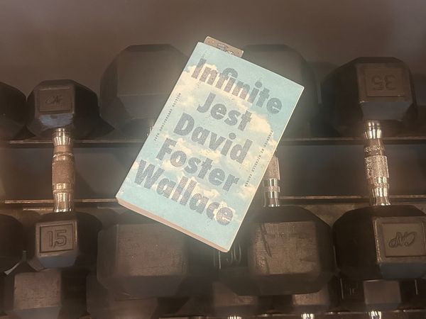 A copy of Infinite Jest laying amid a collection of small weights with which one might do arm curls and the like