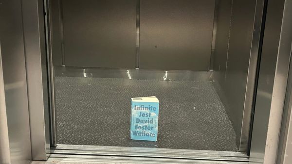 David Foster Wallace's Infinite Jest, in an open elevator, the door just starting to slide closed.