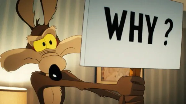 Wile E. Coyote holds a large sign reading "WHY?" in a hotel room.