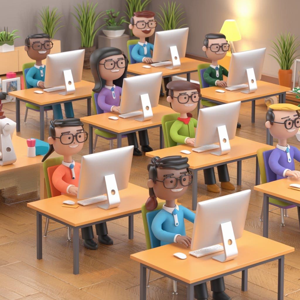Image of various people sitting in their desk with computers on them