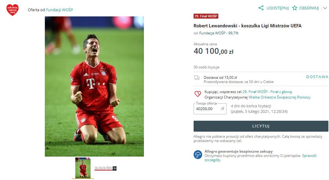 Wesprzyj WOŚP i wylicytuj koszulkę Roberta Lewandowskiego z finału Ligi Mistrzów! Zdjęcie główne wpisu