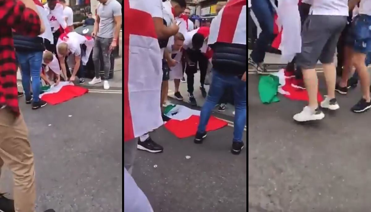 Karygodne zachowanie angielskich kibiców przed finałem EURO. Pocięli, zdeptali i napluli na włoską flagę [WIDEO] Zdjęcie główne wpisu