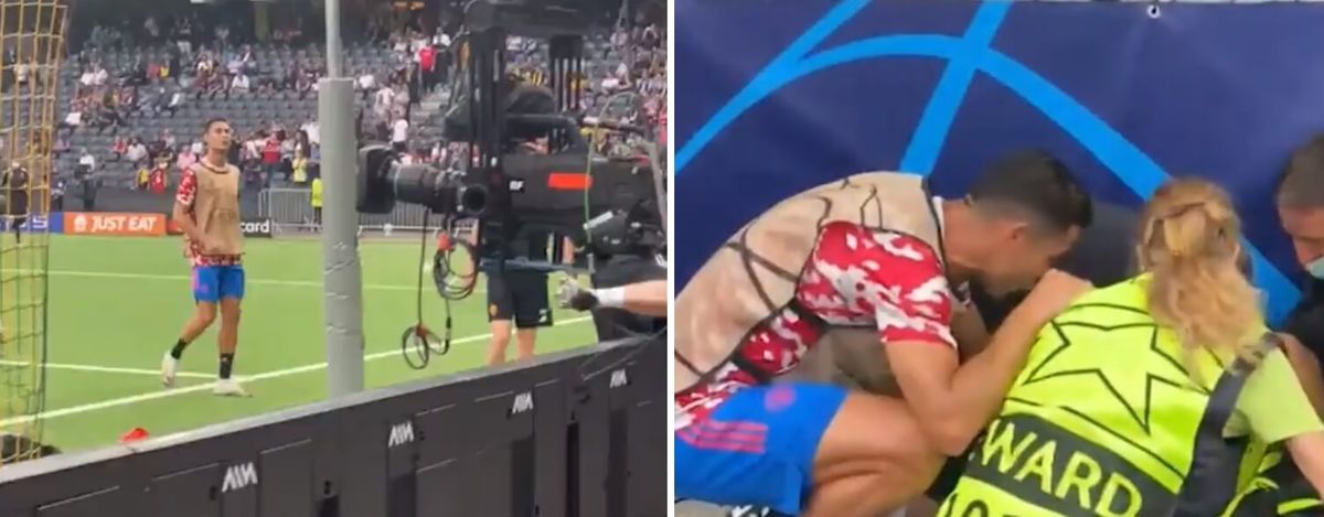 Cristiano Ronaldo znokautował stewardessę na rozgrzewce! Portugalczyk podbiegł ją przeprosić [WIDEO] Zdjęcie główne wpisu