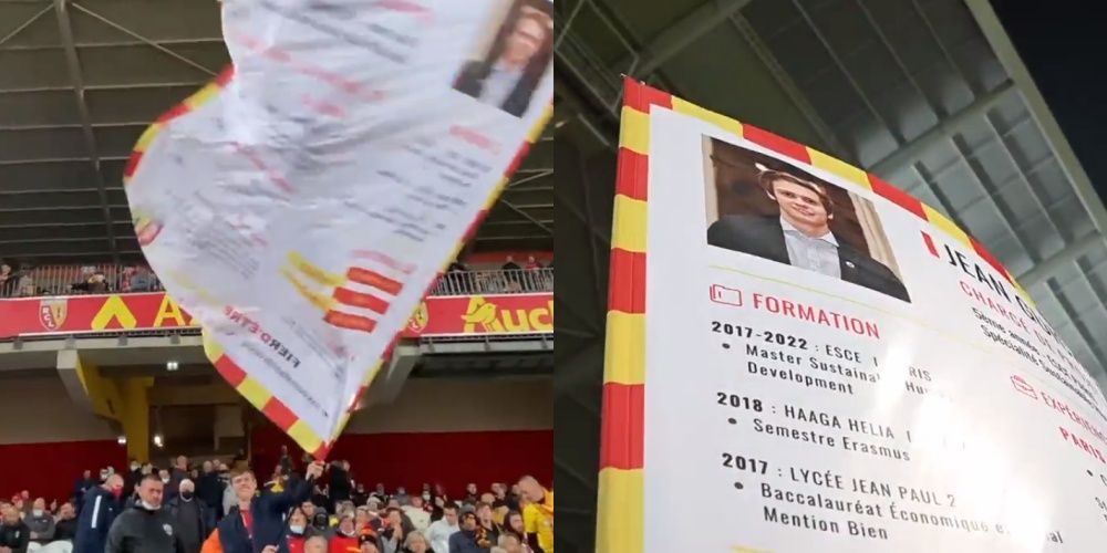 Kibic Lens przyszedł na stadion z CV wydrukowanym na… fladze. Chce pracować w klubie [WIDEO] Zdjęcie główne wpisu