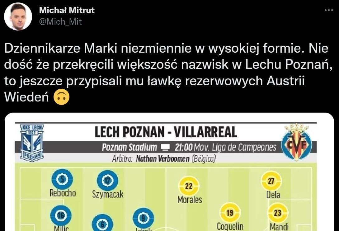 Wpadka hiszpańskich dziennikarzy. Przekręcili nazwiska piłkarzy Lecha, a na ławce umieścili graczy Austrii Wiedeń Zdjęcie główne wpisu