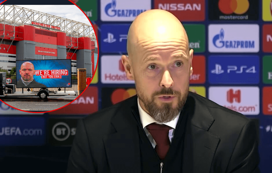 Sieć restauracji drwi z Erika Ten Haga. Umieścili szokujący baner przed Old Trafford Zdjęcie główne wpisu