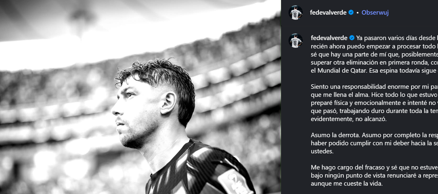 Fede Valverde bierze na siebie winę za odpadnięcie Urugwaju. W emocjonalnym wpisie zabrał głos nt. swojej przyszłości Zdjęcie główne wpisu