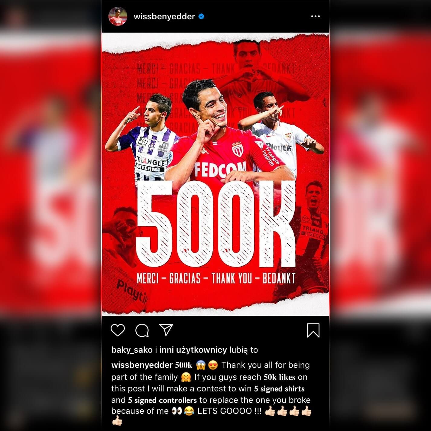 Wissam Ben Yedder ogłasza nietypowy konkurs z okazji 500 tysięcy obserwujących na Instagramie Obraz wpisu