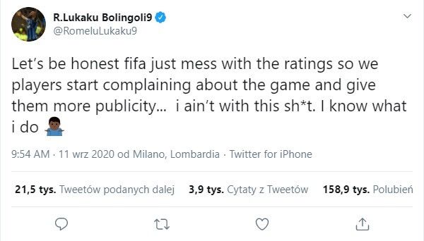 Romelu Lukaku niezadowolony ze swojej oceny w FIFIE 21. Ostry wpis Belga Obraz wpisu
