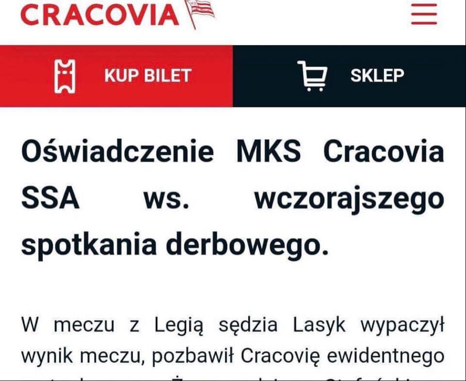 Szokujące oświadczenie Cracovii po derbach! „Żona Stefańskiego według wpisów w internecie jest kibicką Wisły” Obraz wpisu