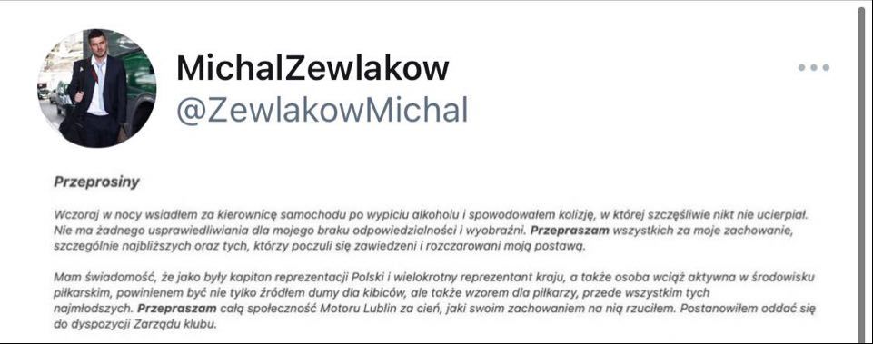 Michał Żewłakow zabrał głos po spowodowaniu wypadku. „Przepraszam wszystkich za moje zachowanie…” Obraz wpisu