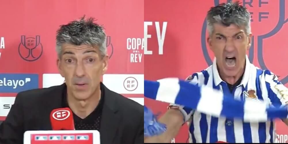 Z „trybu trenera” w „tryb kibica”. Szkoleniowiec Sociedad zrobił show na konferencji [WIDEO] Obraz wpisu