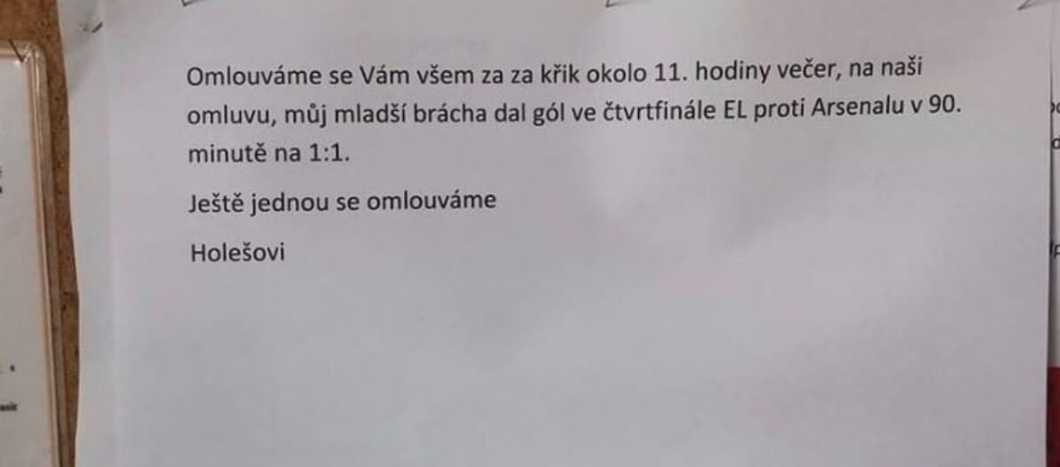 Rodzina piłkarza Slavii Praga przeprasza sąsiadów. „Na usprawiedliwienie, mój młodszy brat strzelił gola Arsenalowi” Obraz wpisu