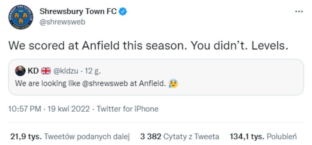 Shrewsbury Town z dobitną ripostą do kibica Manchesteru United. „My strzeliliśmy bramkę na Anfield” Obraz wpisu