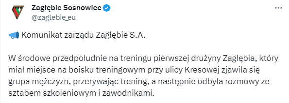 Zagłębie Sosnowiec reaguje na atak kiboli. „Klub zawiadomił o tym fakcie policję” Obraz wpisu