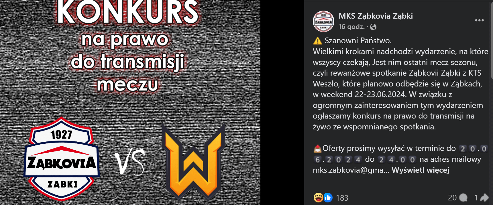 IV-ligowiec ogłosił konkurs na prawa do transmisji meczu z KTS-em. Trzeba zapłacić 30 000 złotych Obraz wpisu