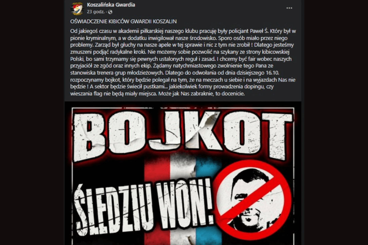 Gwardia Koszalin znów na językach. Kibole chcą zwolnienia trenera, bo był policjantem Obraz wpisu