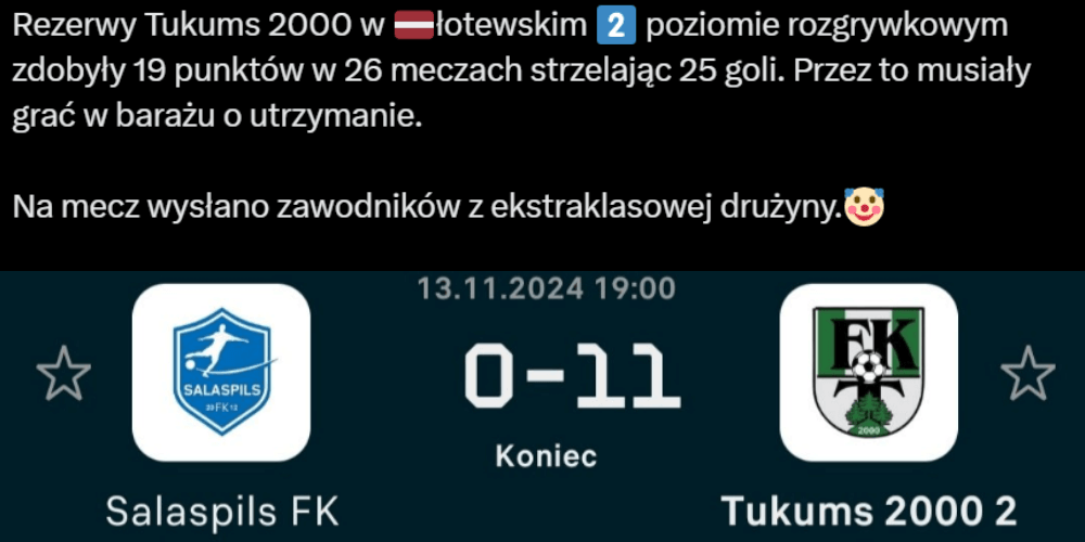 Łotewski klub ma łeb do interesów. Wstawił do rezerw piłkarzy z 1. ligi i wygrał baraże 11-0 Obraz wpisu