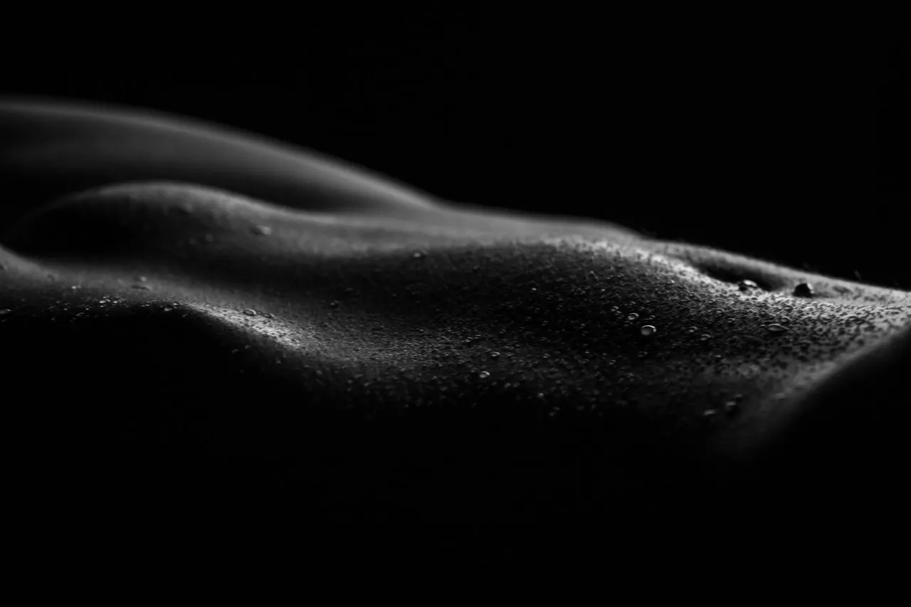 Minimalist bodyscape silhouette with wet look emphasizing feminine form in fine art