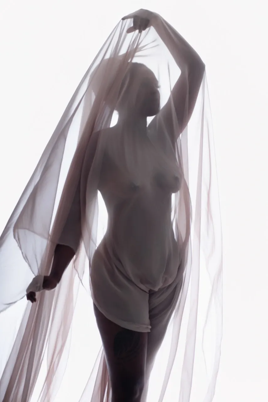 Artistic nude silhouette with translucent fabric draped over model, using backlight to create mystery and sculptural form.
