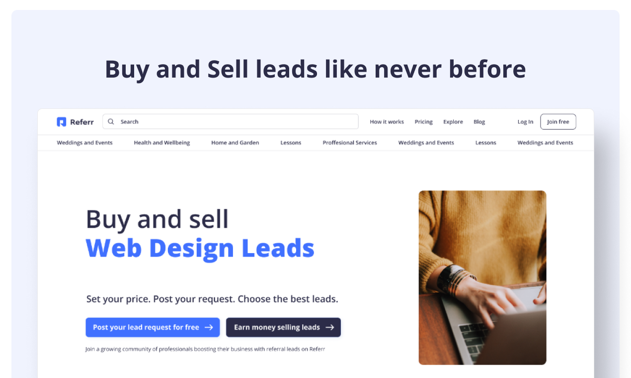 An image of Referr.co.uk homepage with the title "Buy and sell leads like never before"