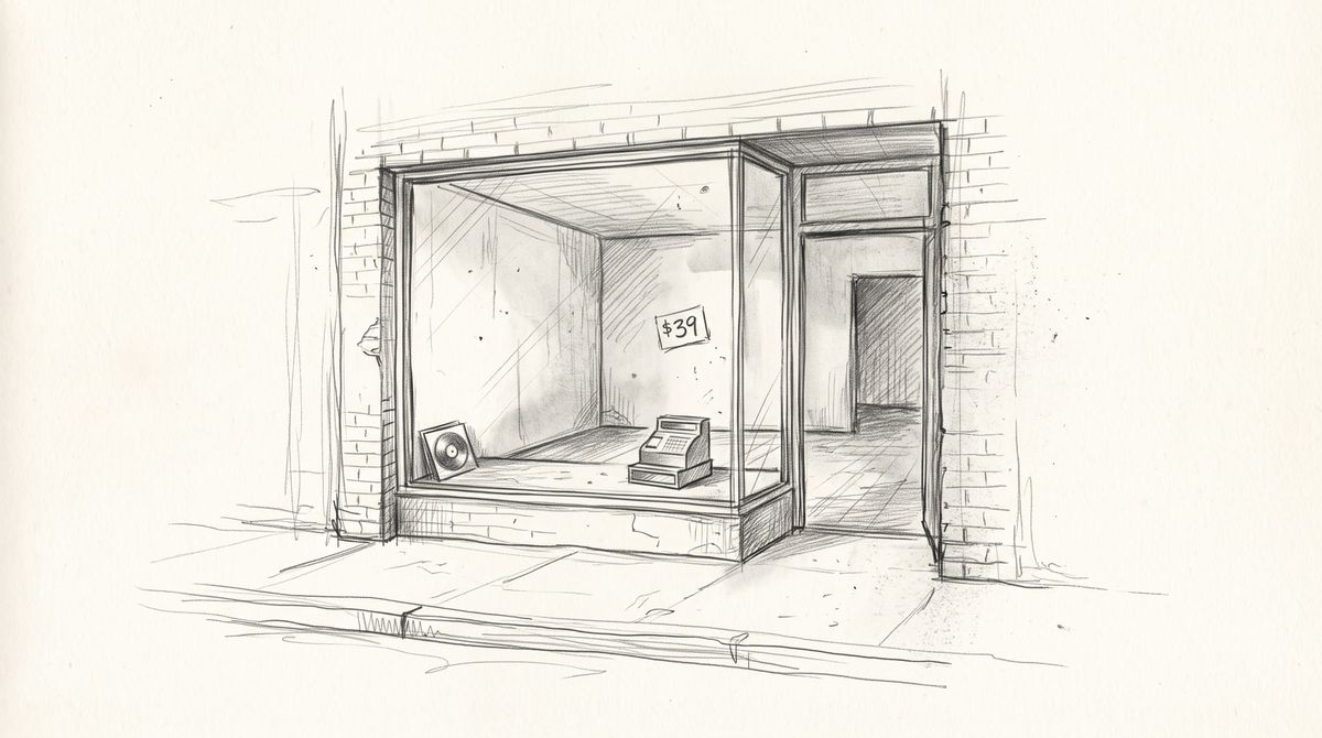 Pencil sketch of an empty storefront with a $39 price tag, a cash register on the floor and a vinyl record leaning in the corner.