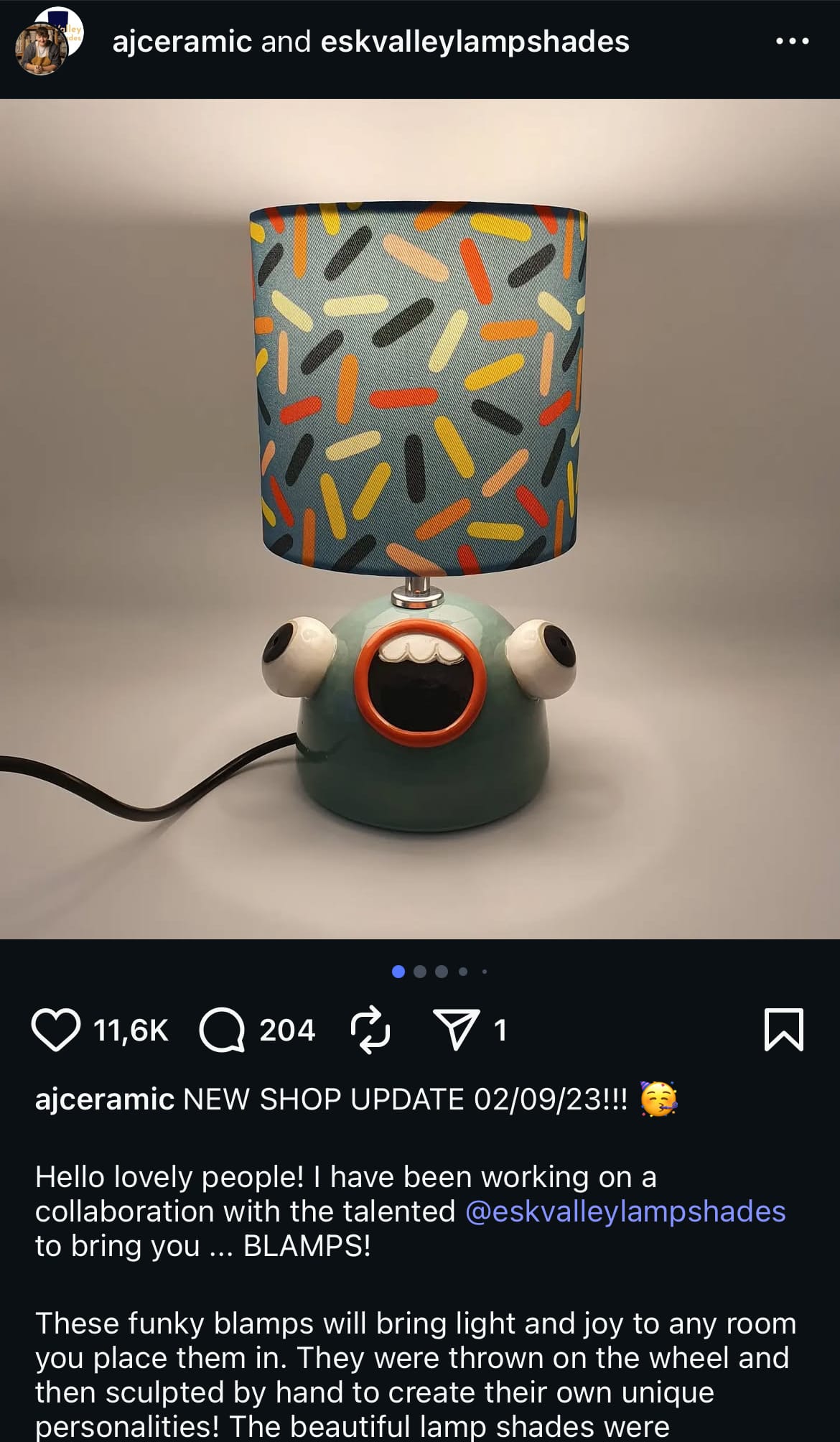 Instagram post by ceramicist AJ Simpson about an art collaboration