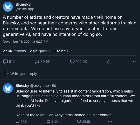 Bluesky post about Bluesky's non-use of generative AI