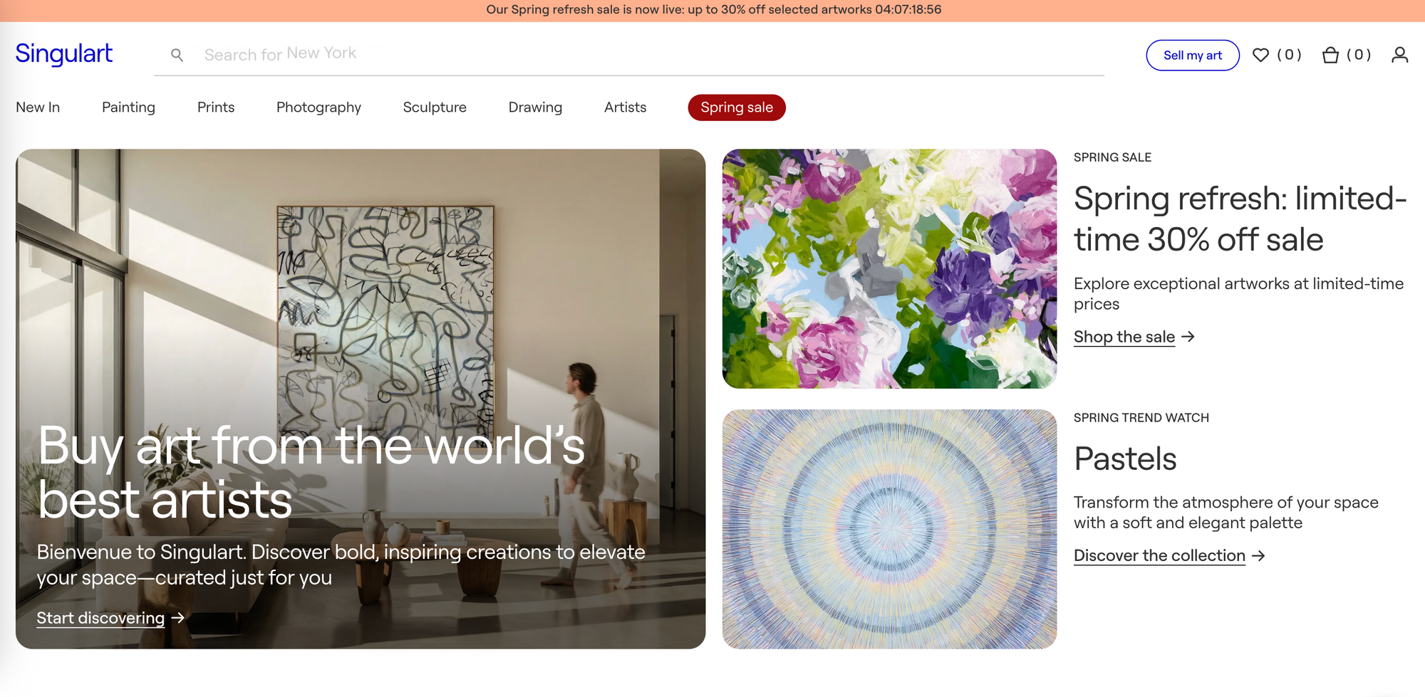 Screenshot of Singulart's homepage