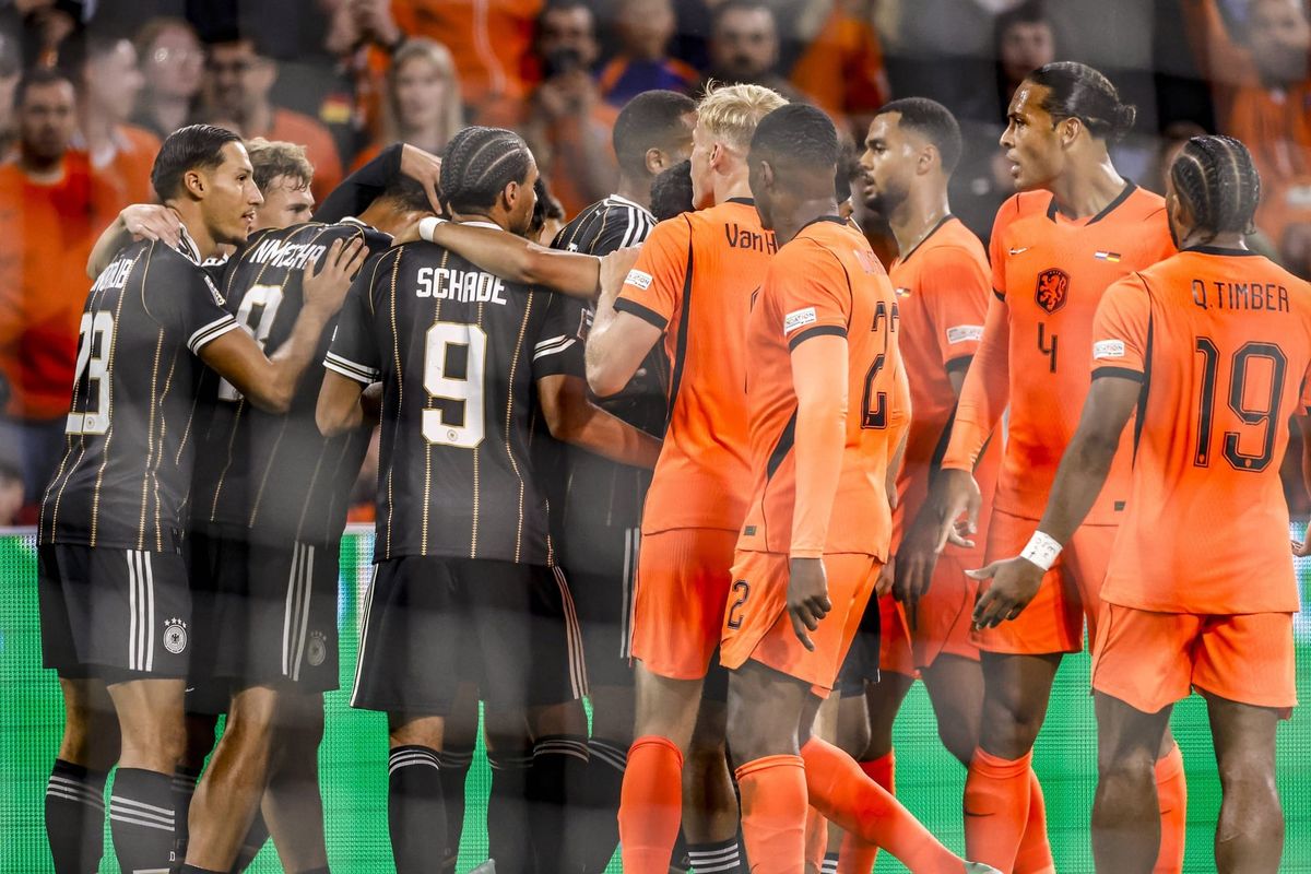 AMSTERDAM - (LR) Younes Ebnoutalib of Germany, Joshua Kimmich of Germany, Felix Nmecha of Germany, Kevin Schade of Germany celebrate the 0-1, Jan Paul van Hecke of the Netherlands, Denzel Du