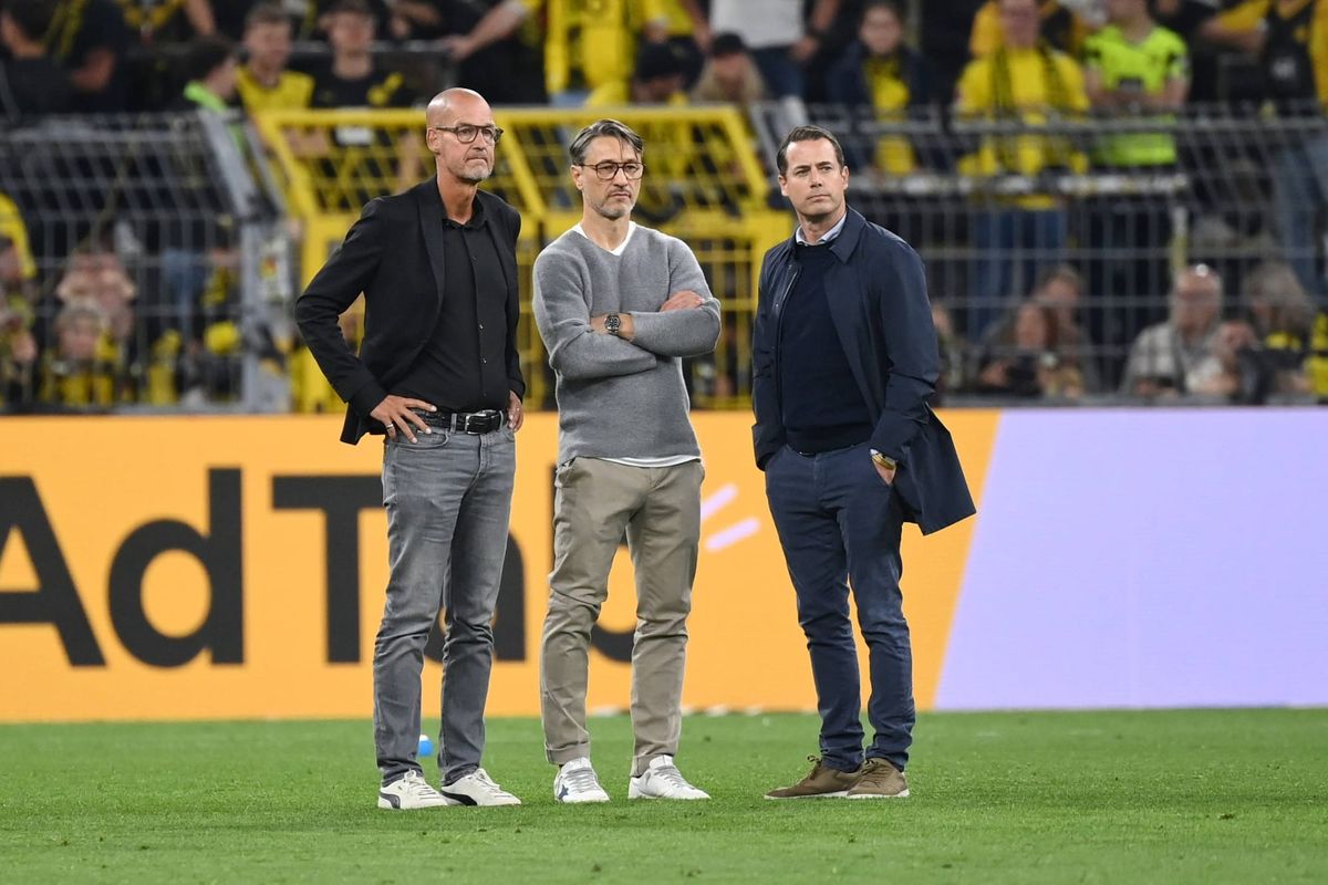 Carsten Cramer (Geschäftsführer Borussia Dortmund), Trainer Niko Kovac (Borussia Dortmund), Lars Ricken (Geschäftsführer Borussia Dortmund), v.li., nach dem Spiel 22.08.2026, Fussball, Saiso
