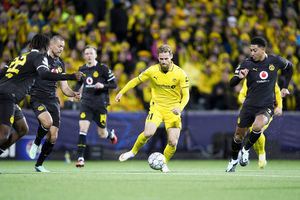 Fotball, Champions League 2026 2027: Bodo Glimt - Borussia Dortmund Bodo 20261014. under fotballkampen i Champions League mellom Bodo Glimt og Borussia Dortmund pa Aspmyra stadion. Foto: Ter