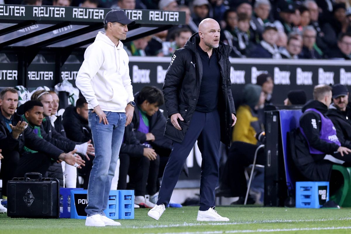 BLESSIN Alexander Trainer Team Borussia Moenchengladbach mit Sportdirektor SCHROEDER Rouven DFL Fussball Bundesliga Saison 2026 - 2027 BL Spiel Borussia Moenchengladbach - Hoffenheim 1 : 2 M