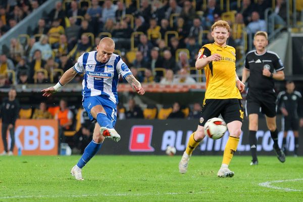 19.09.2026, xtgx, Fussball - 2.Bundesliga Dynamo Dresden - Hertha BSC Berlin v.l. Tor zum 1:2 durch Jon Dagur Thorsteinsson (Hertha, 23) (DFL DFB REGULATIONS PROHIBIT ANY USE OF PHOTOGRAPHS 