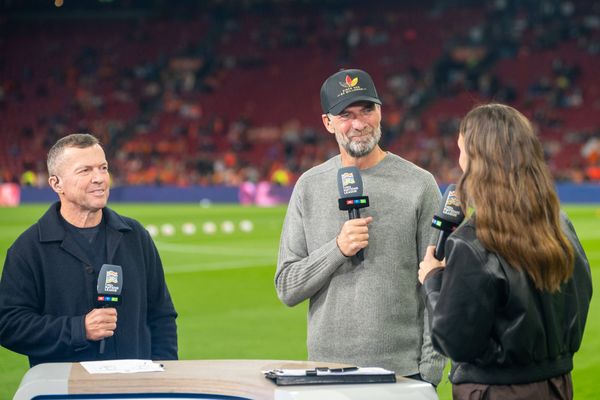 Lothar Matthaeus (Fussballexperte), Juergen Klopp (Deutschland, Trainer) und Laura Wontorra (ReporterinI im Gespraech. Niederlande vs. Deutschland, Fussball, UEFA Nations League, 01. Spielta