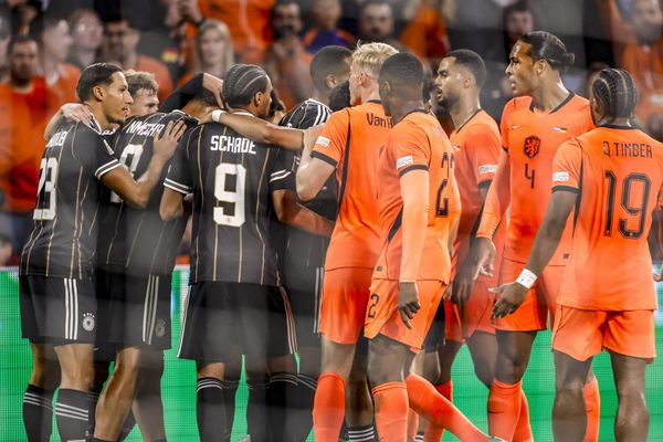 AMSTERDAM - (LR) Younes Ebnoutalib of Germany, Joshua Kimmich of Germany, Felix Nmecha of Germany, Kevin Schade of Germany celebrate the 0-1, Jan Paul van Hecke of the Netherlands, Denzel Du