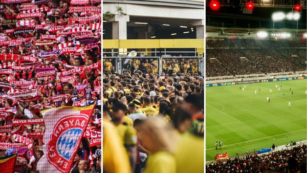 Collage: Bayern-Fans mit Schals, Dortmund-Fans in Gelb, Flutlicht in Stuttgart